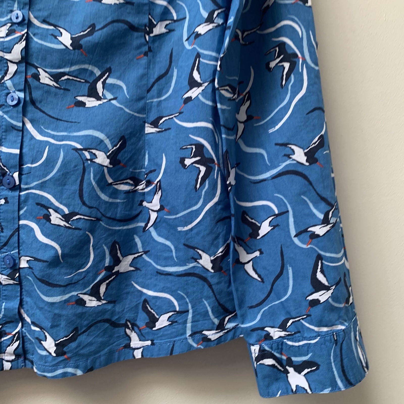 Seasalt Larissa Shirt Size 8 Birds On The River Blue Long Sleeve Organic Cotton