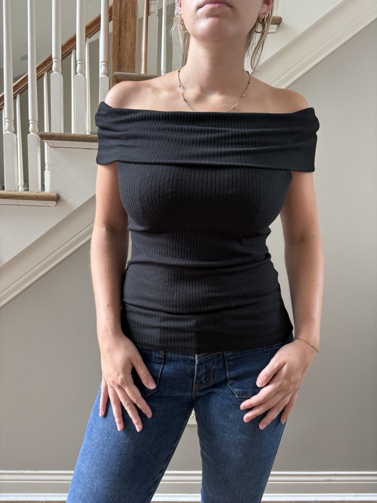A New Day Off The Shoulder Ribbed Black Minimalist Casually Elegant Top Sz M
