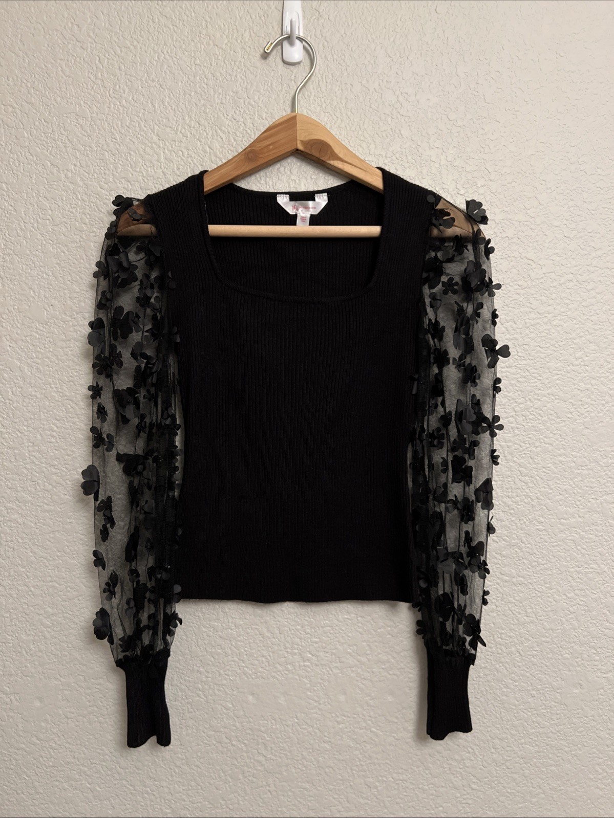 Black Ribbed Knit Mesh Sheer Puff Balloon Sleeve Top Artsy Dressy Evening XS