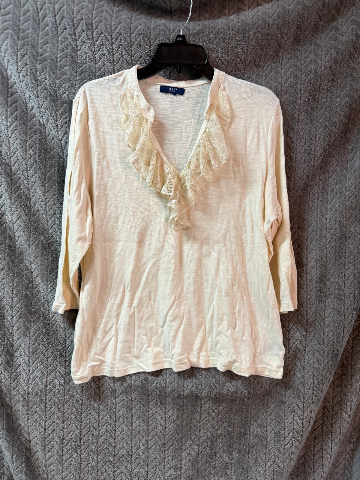 Chaps Cream Ruffle V-Neck Long Sleeve Top
