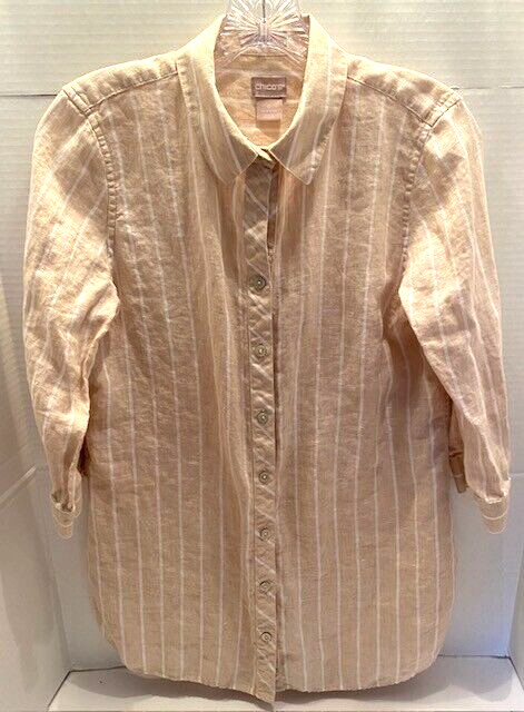 Chico’s Women’s Sz. 0 (US 4/6) No Iron Linen Beige/White Stripe Buttoned Shirt