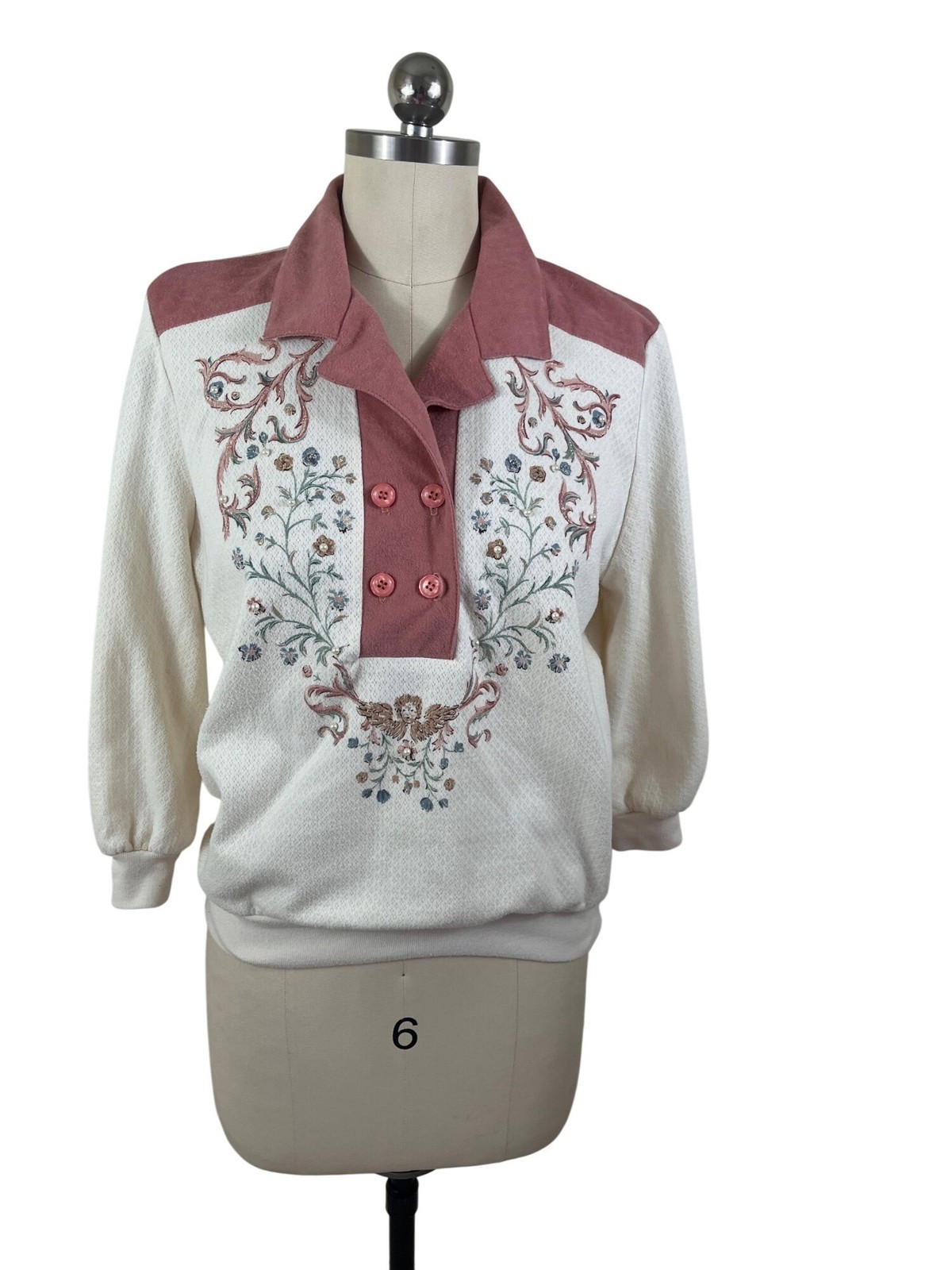 Teddi Brand VTG 80-90s Coastal Grandma Top M-L Floral Embroideried Floral Cherub