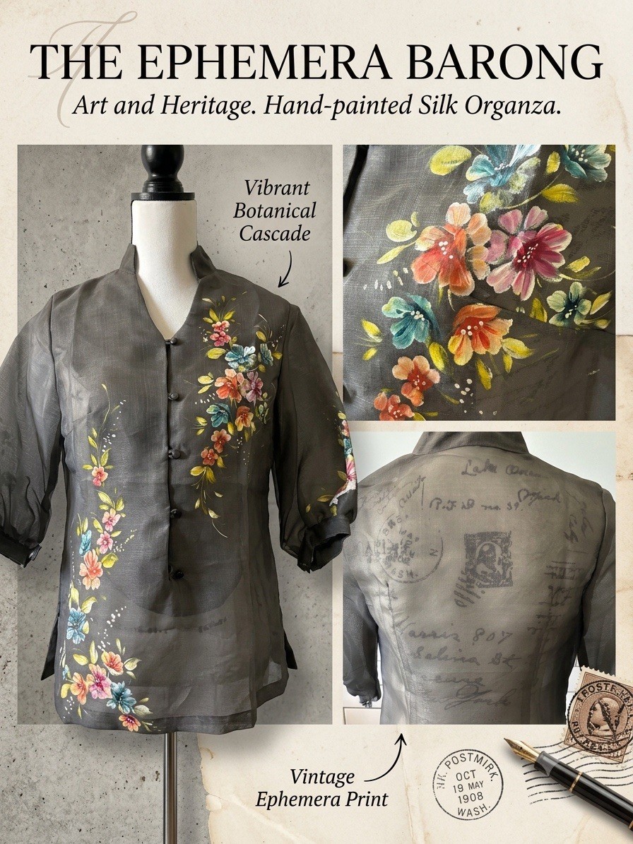 Women’s Modern Barong Silk Organza Sheer Gray Hand-Painted Floral Small