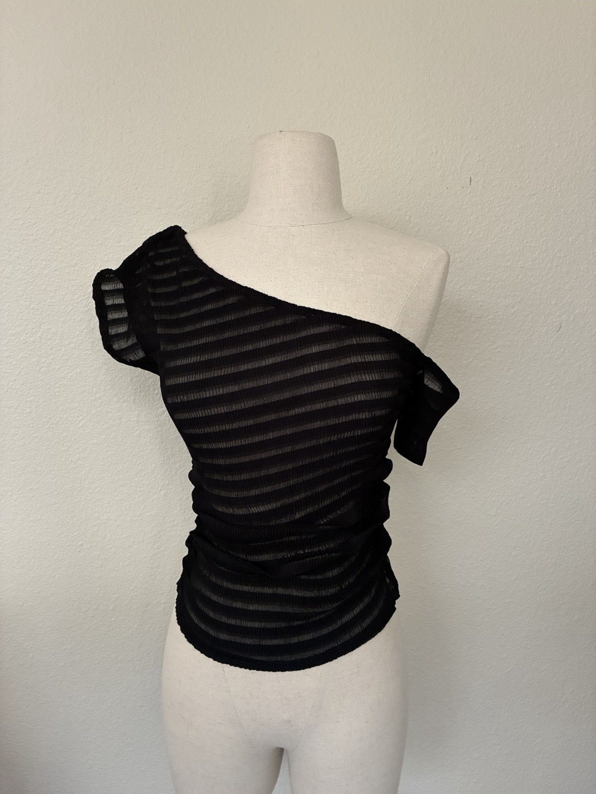 NWT PrettyLittleThing Black Sheer Striped Off-shoulder Smocked Top, Size 4