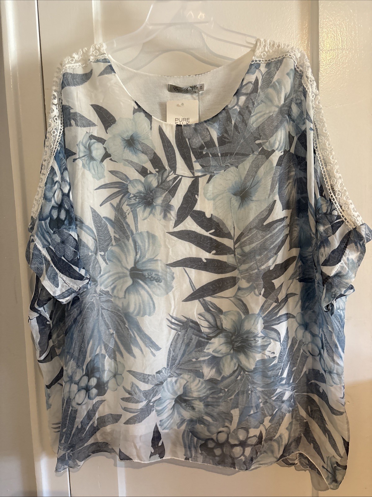 New Floral Top Blue Silk Overlay Sheer Dolman Lace Boho Elena Baldi Italy Sz 2X