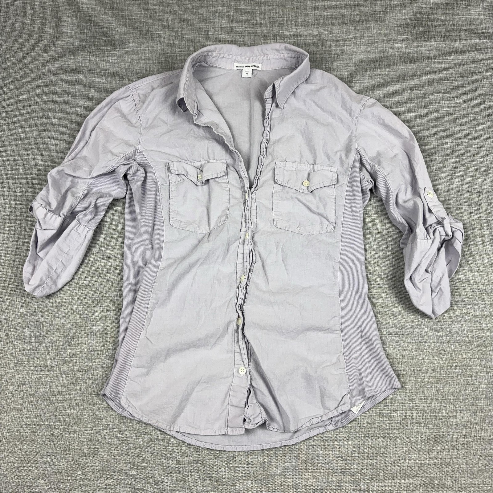 James Perse Shirt Womens 2 Gray Collared Long Sleeve Striped Roll Tab Button-Up