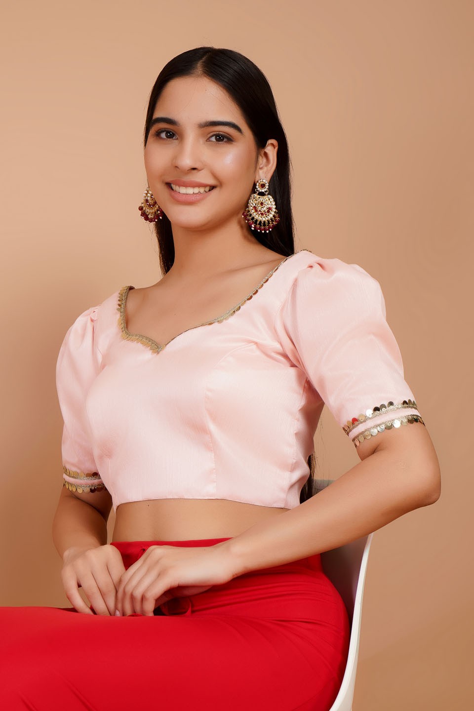 Dupion Silk Puff Sleeve Saree Blouse with Deep Back Bow Tie Design Ethnic Wear