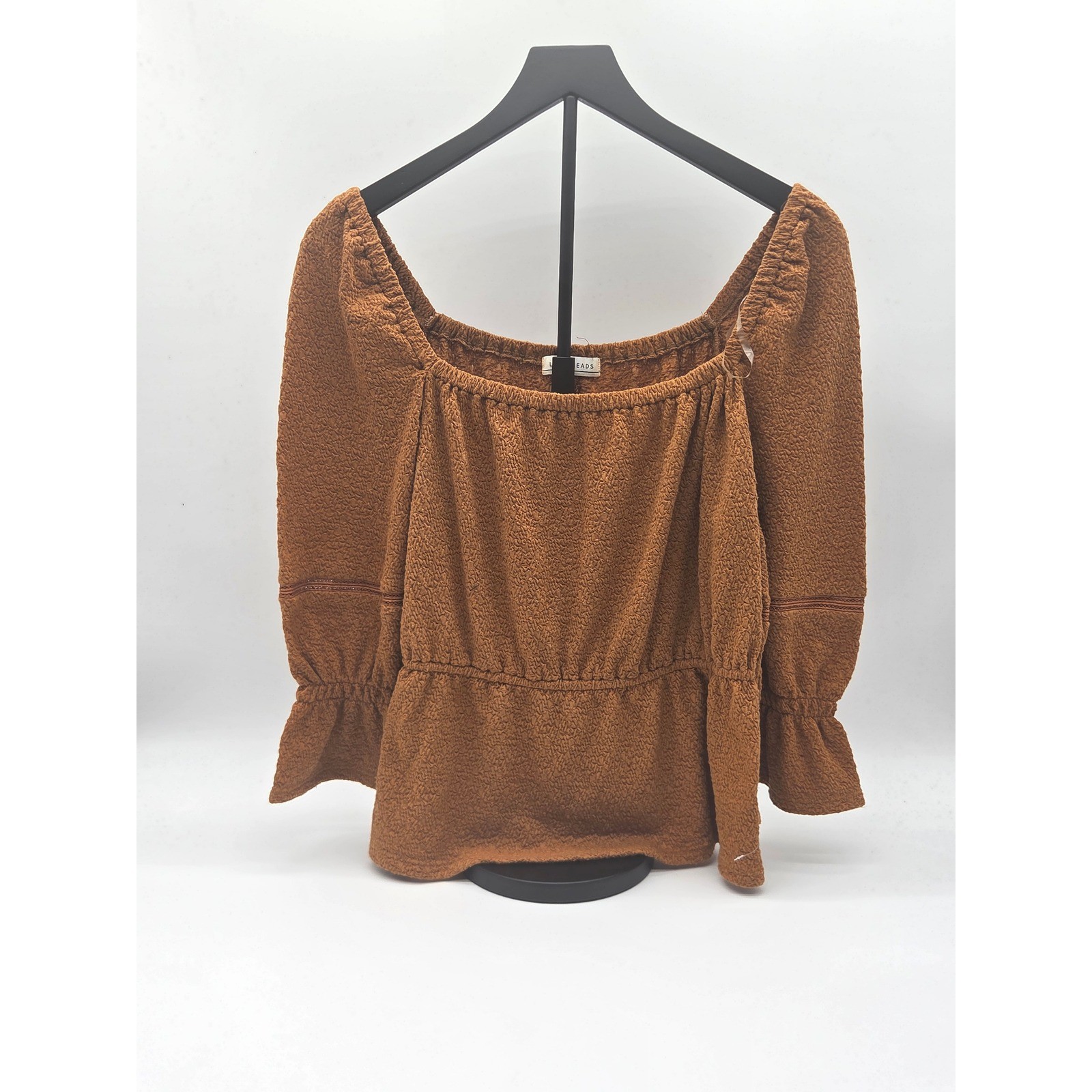 LA Threads Women’s Brown Textured Peasant Blouse Bell Sleeve Square Neck