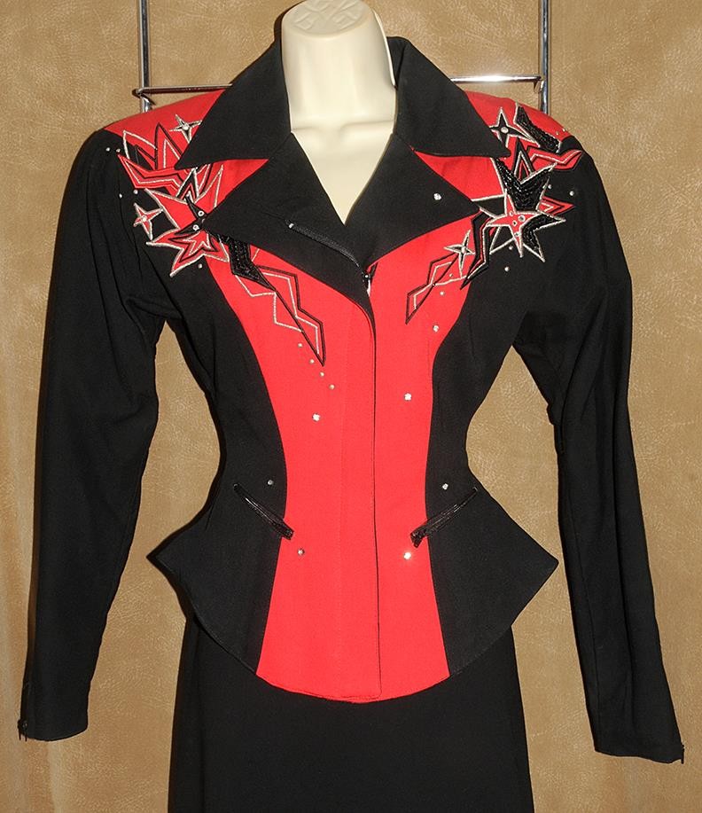 Cache ~ Western Blouse Red Black Silver Rhinestone Embroidered Rayon sz P *VTG!