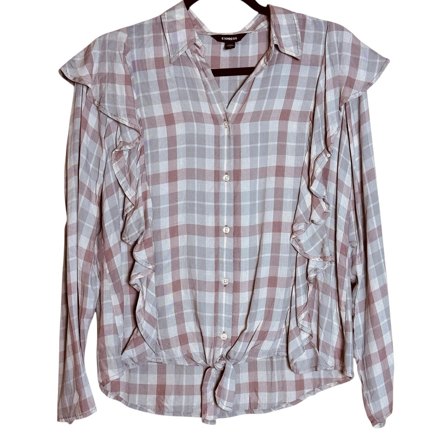 Express Ruffle Plaid Top Sz S Button Down Tie Hem Pink Gray Twee Coquette Girl