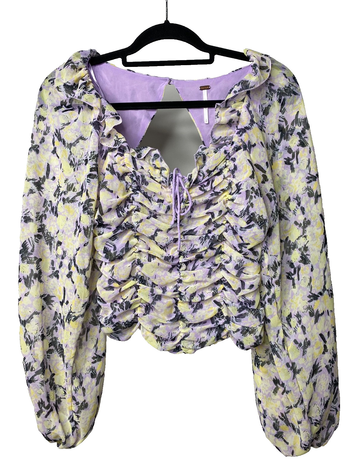 Free People Mabel Printed Blouse Lilac Combo Women’s Small Chiffon Ruched Boho