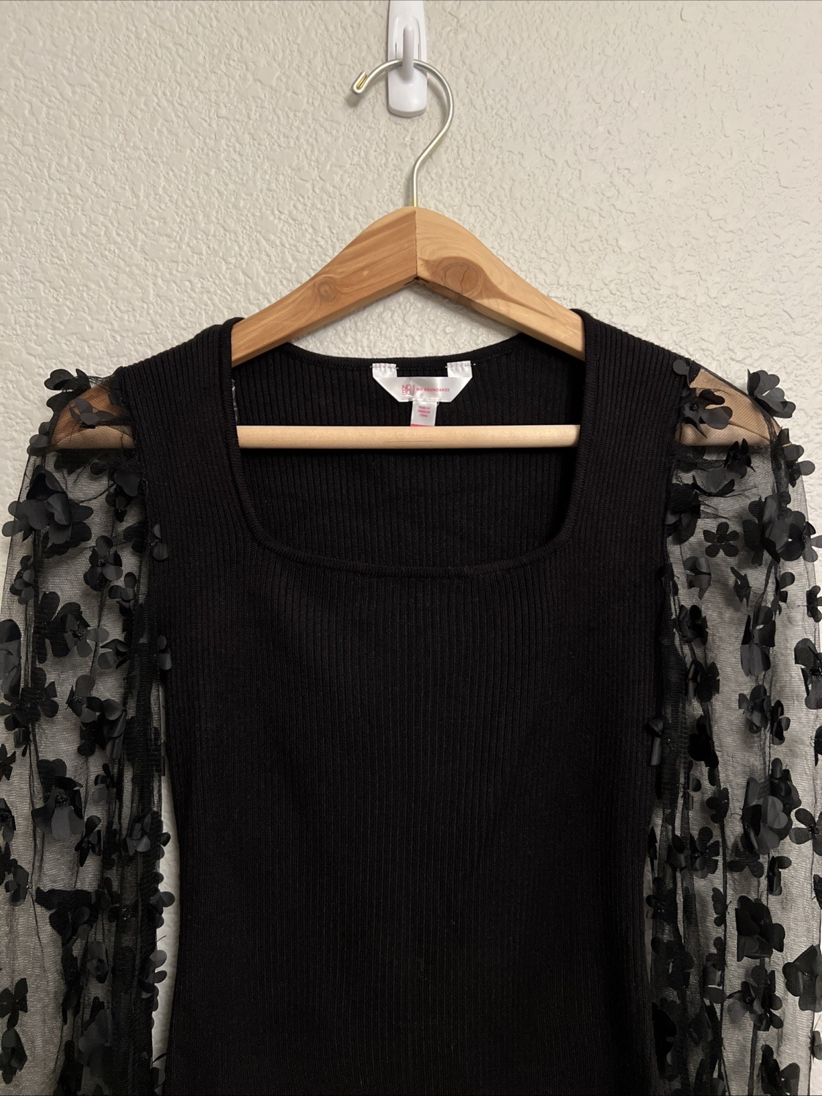 Black Ribbed Knit Mesh Sheer Puff Balloon Sleeve Top Artsy Dressy Evening XS