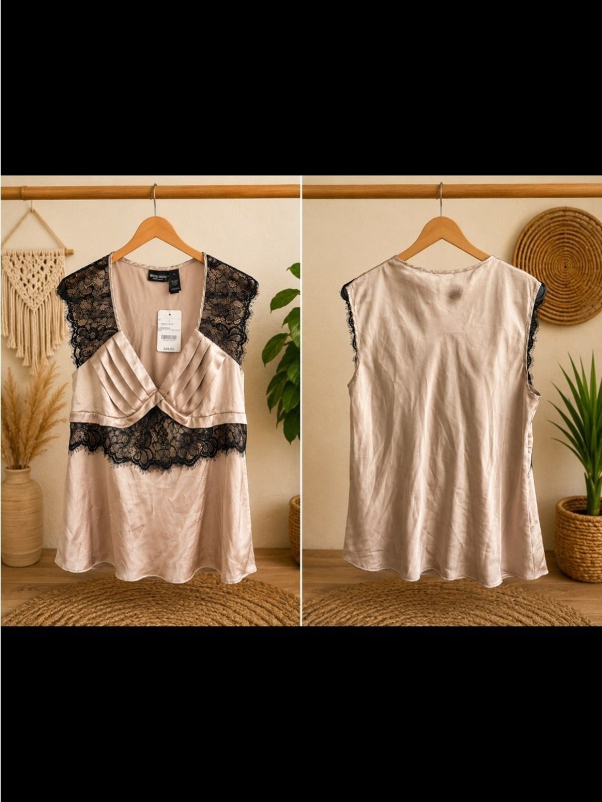 Bisou Bisou Blush Satin Camisole with Black Lace Trim NWT