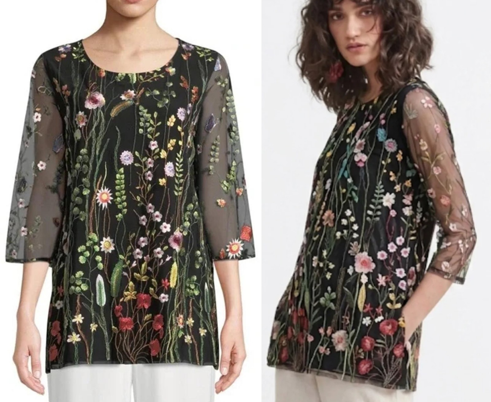 Caroline Rose Embroidered Tunic Top Garden Walk Floral Mesh Overlay Sz XL Or 1X