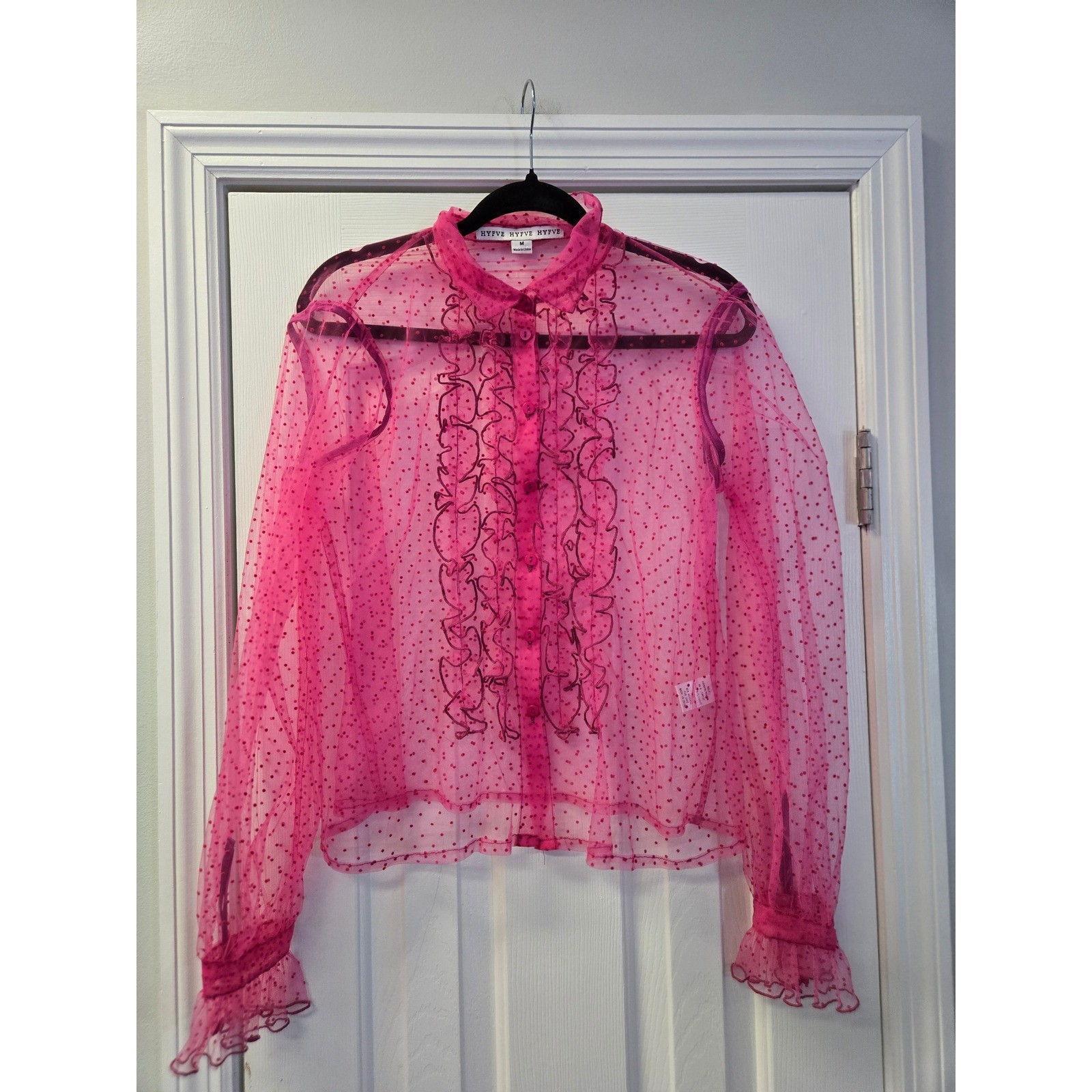 Hot Pink Sheer Mesh Polka Dot Ruffle Button Down Blouse M Medium Barbiecore