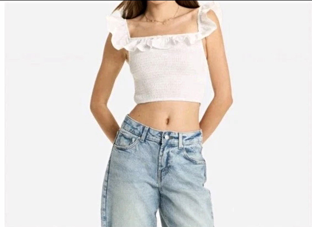 Wild Fable Women’s M White Square Neck Smocked Ruffle Crop Top Cotton Stretch