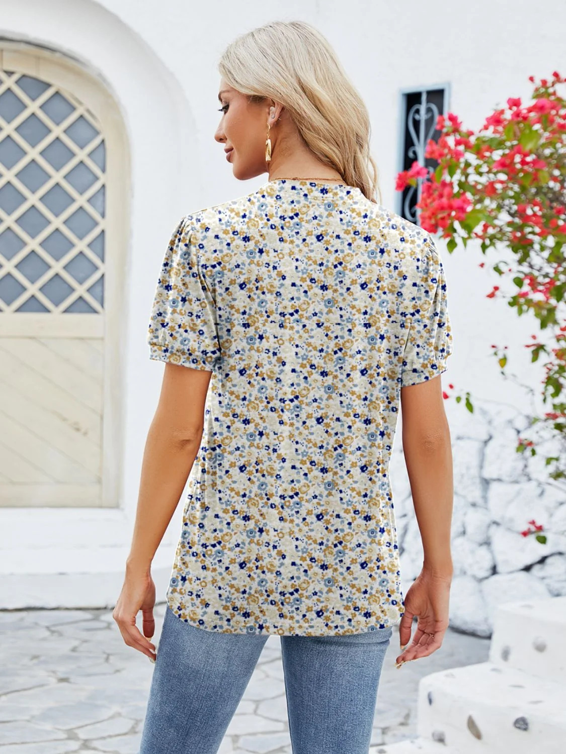 Women Ruched Printed Notched Short Sleeve Blouse