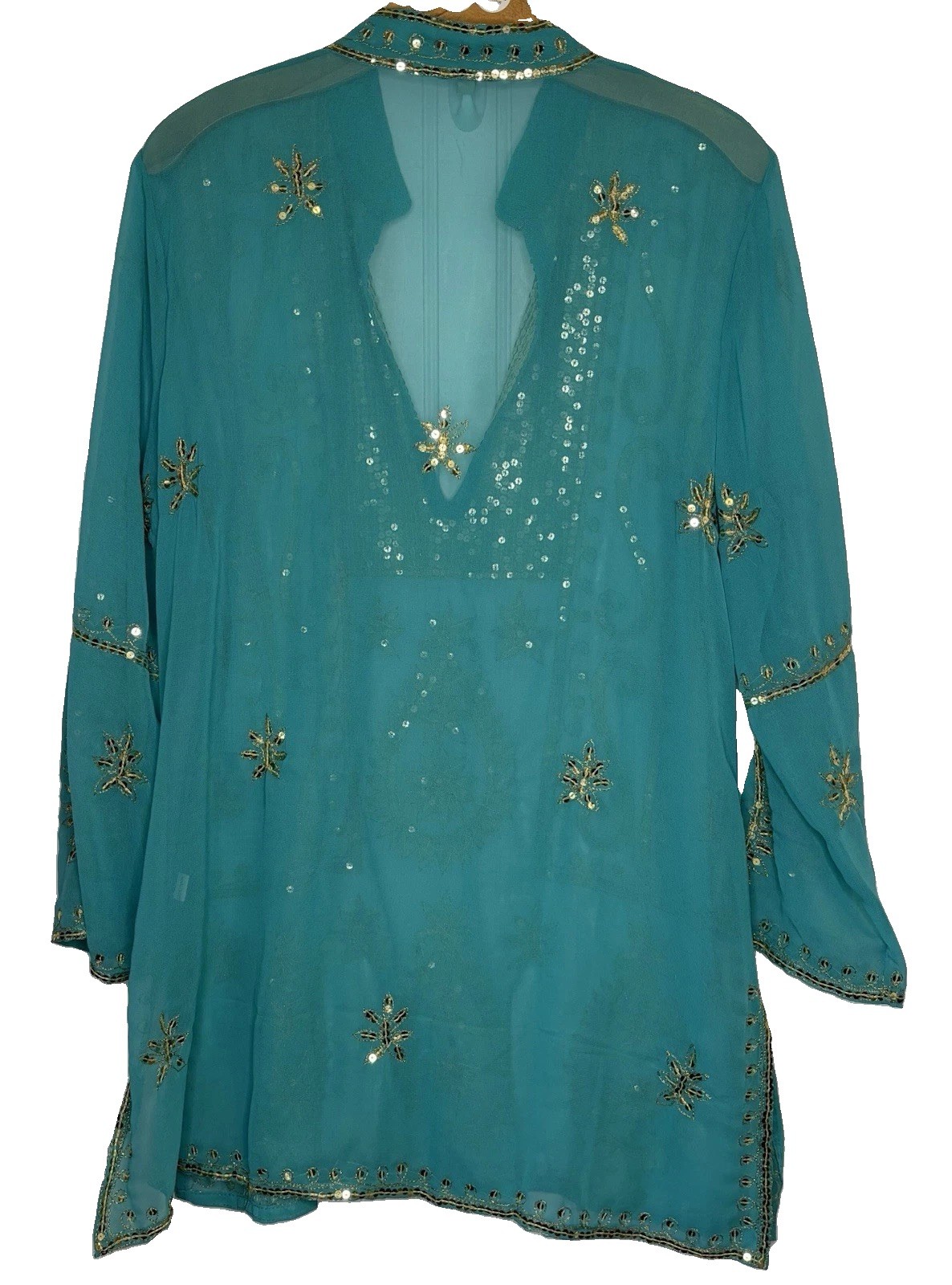 Zolena Tunic Top Cover Up Sheer Beaded Turquoise LG India Resort Boho Cruise