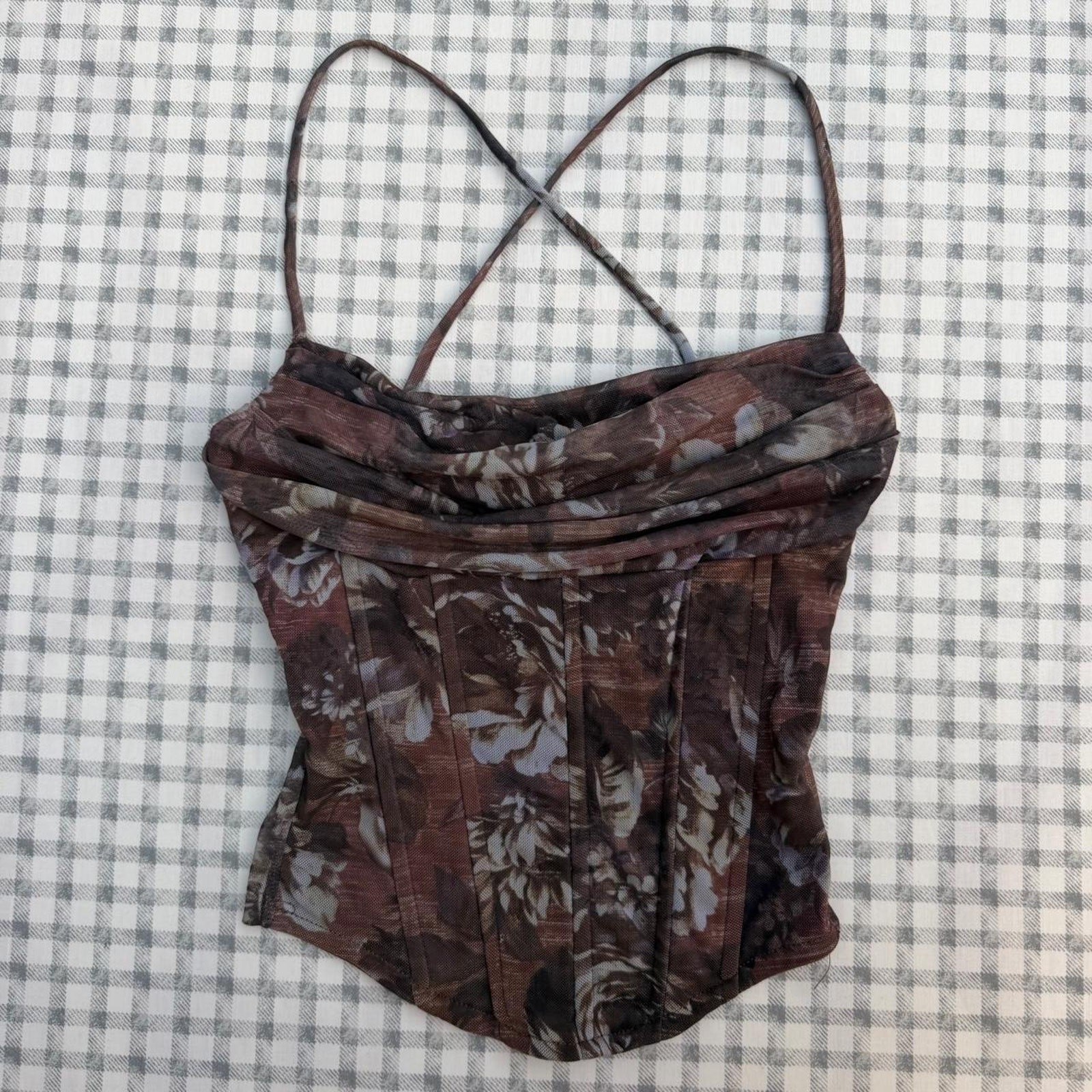 Windsor adorable dark brown floral boned cross back top