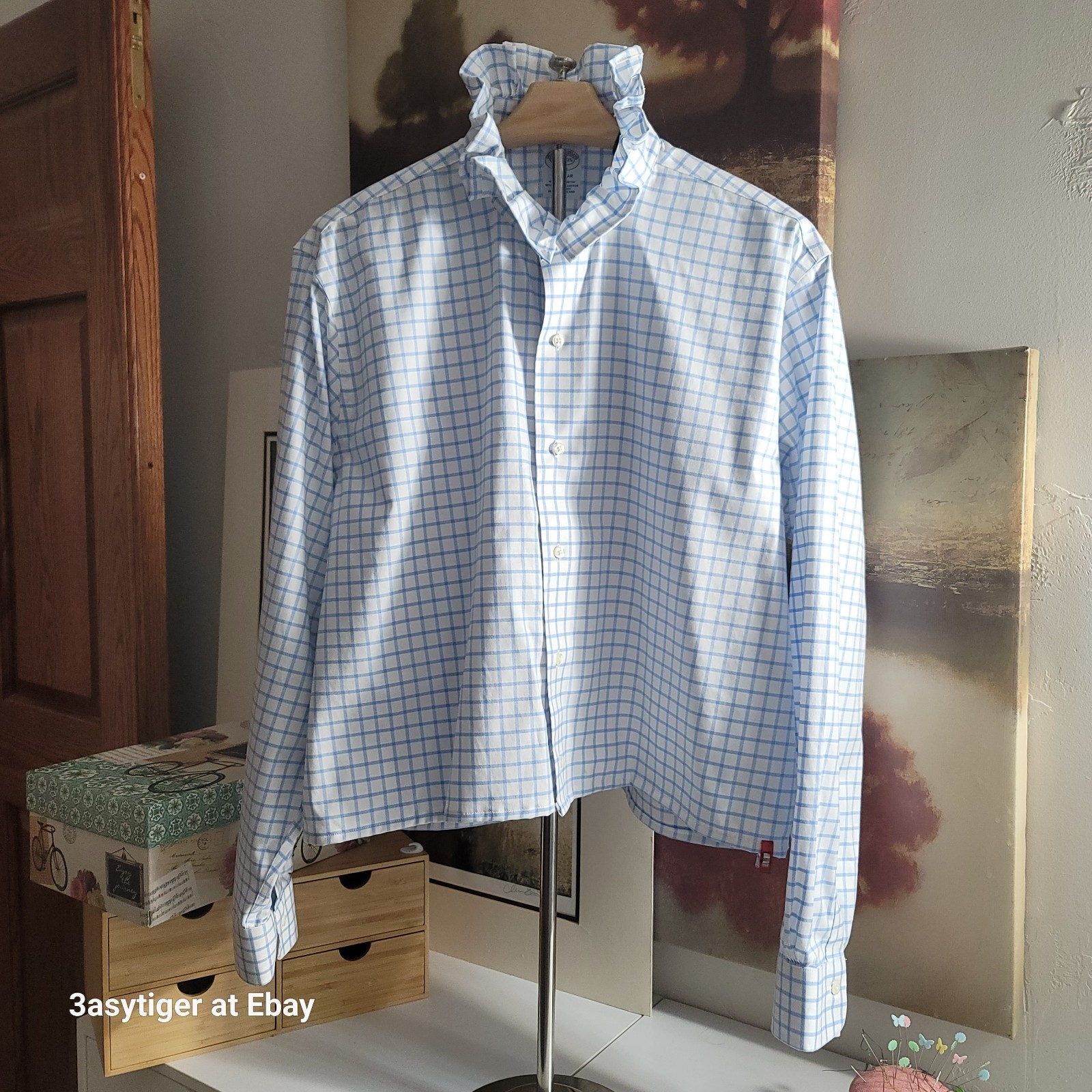 Brooks Brothers Ruffle Collar Top XL Upcycle Women Crop Button Up Blue White