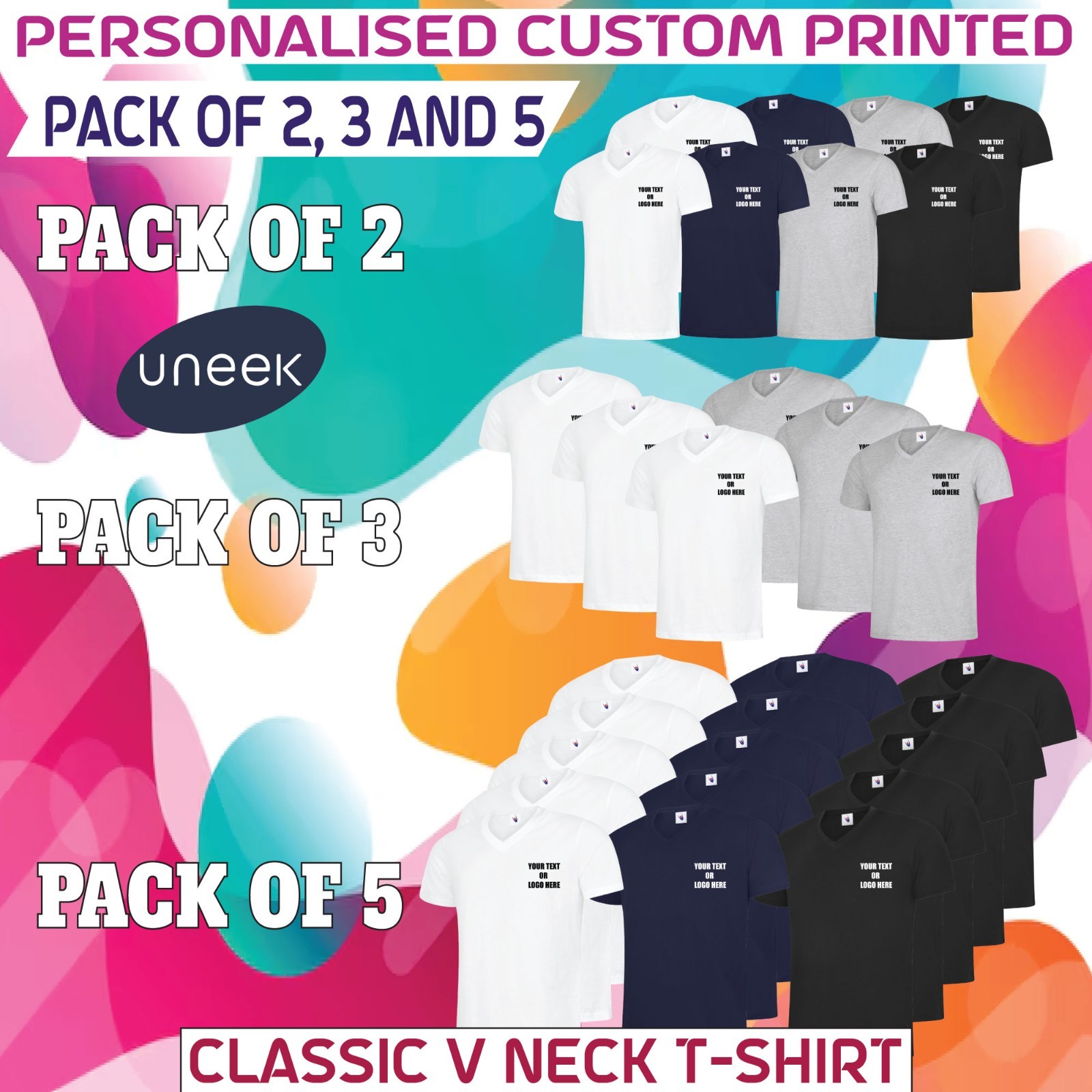 Packs of 2 , 3 & 5 Printed Classic V Neck T-Shirt Plain Personalised Text Logo