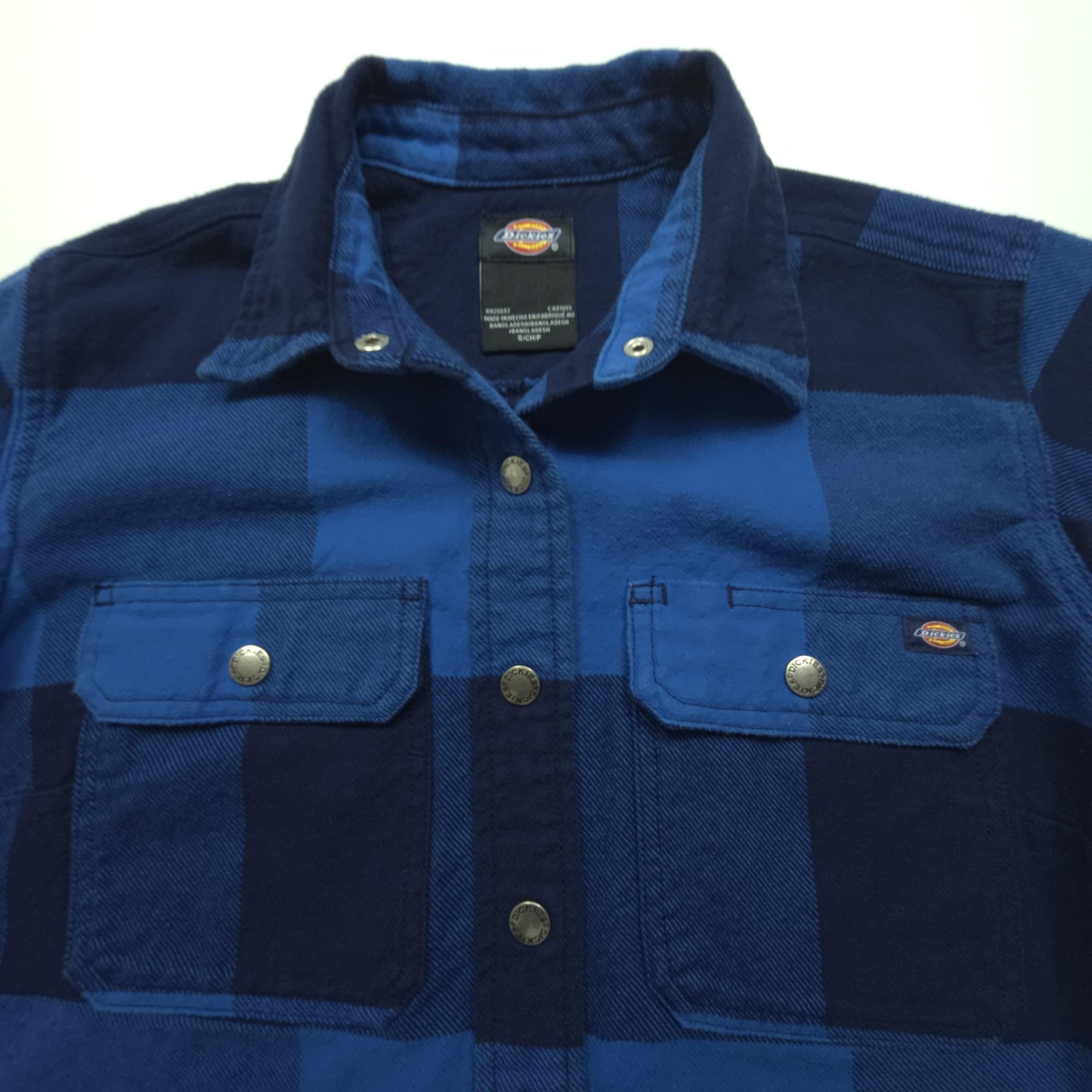 Dickies Womens Shirt Small Blue Plaid Flannel Snap Front Elbow Patches Workwear