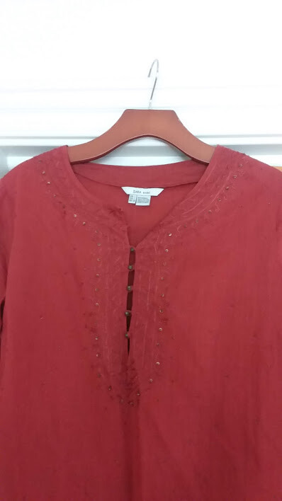 ZARA SPECIAL EDITION SEQUIN EMBROIDERED TUNIC SIZE LARGE DARK RED COTTON