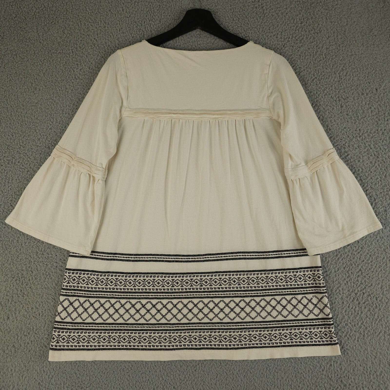 J Jill Shirt Women XS Cream Black Embroidered Bell Sleeve Pleated Tunic Top Boho