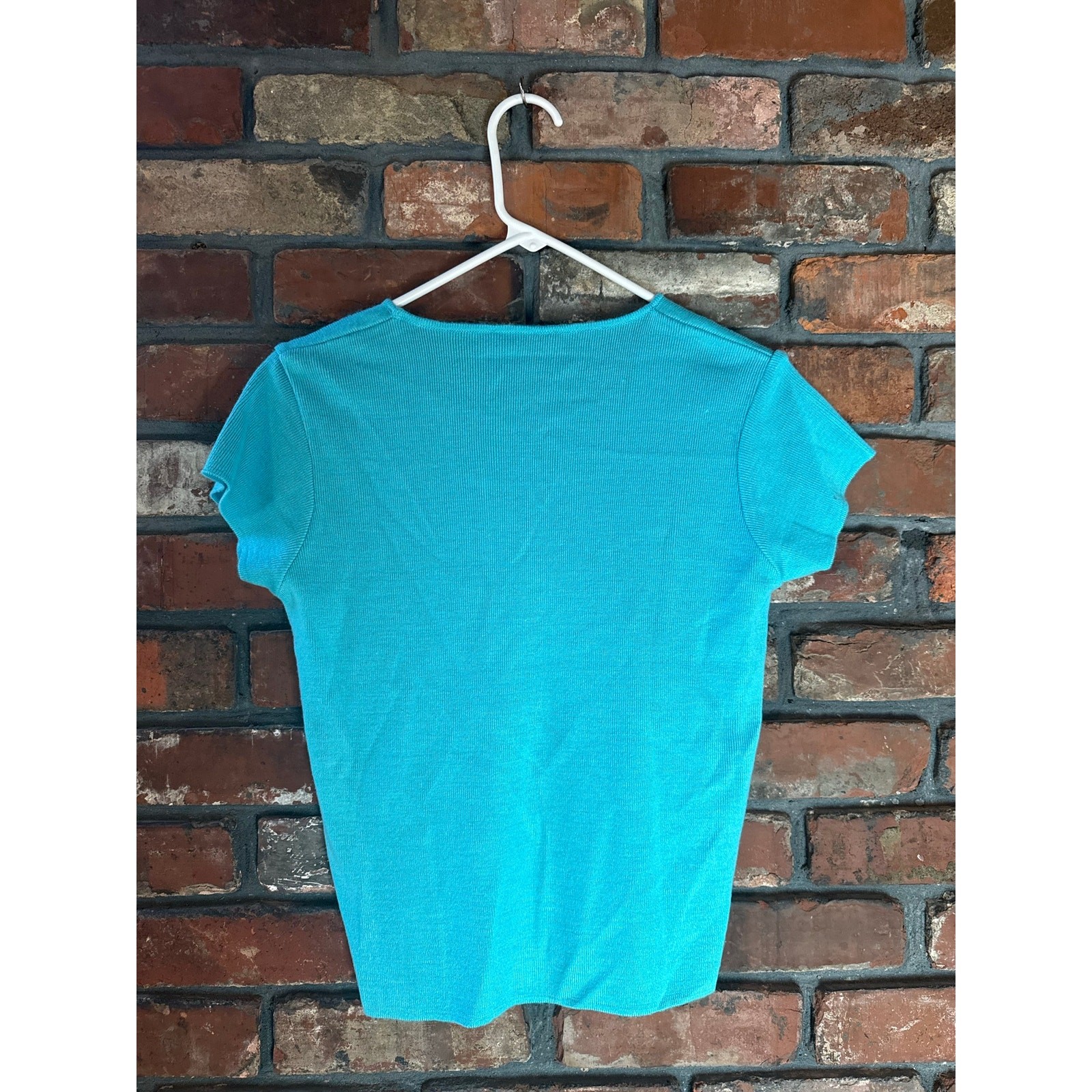 Vintage Turquoise Ribbed Knit Top Square Neck Short Sleeve Made in Italy Tee