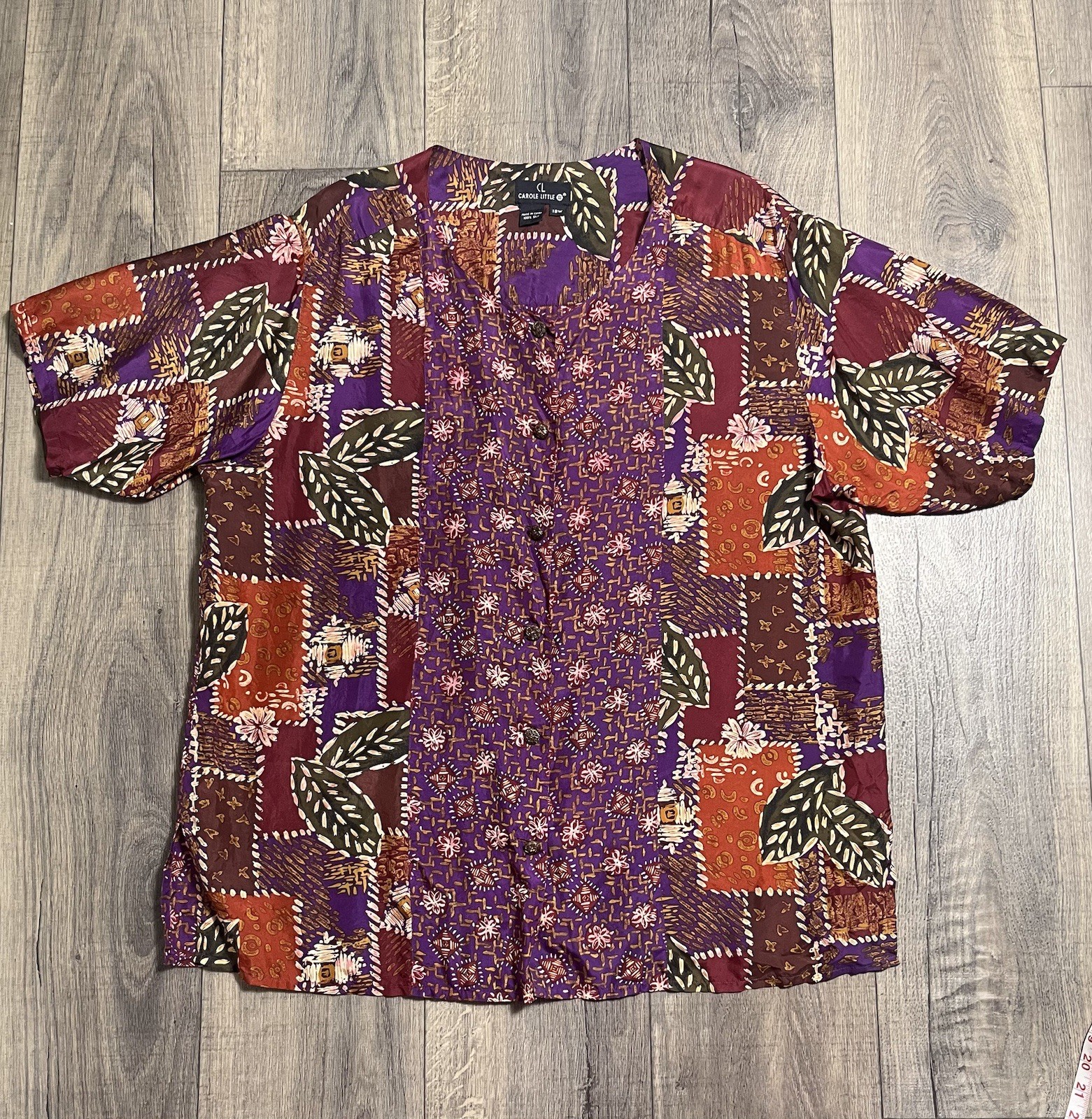 Vtg Carole Little 100% Silk Button Up Top Size 18W Purple Multicolor Patchwork