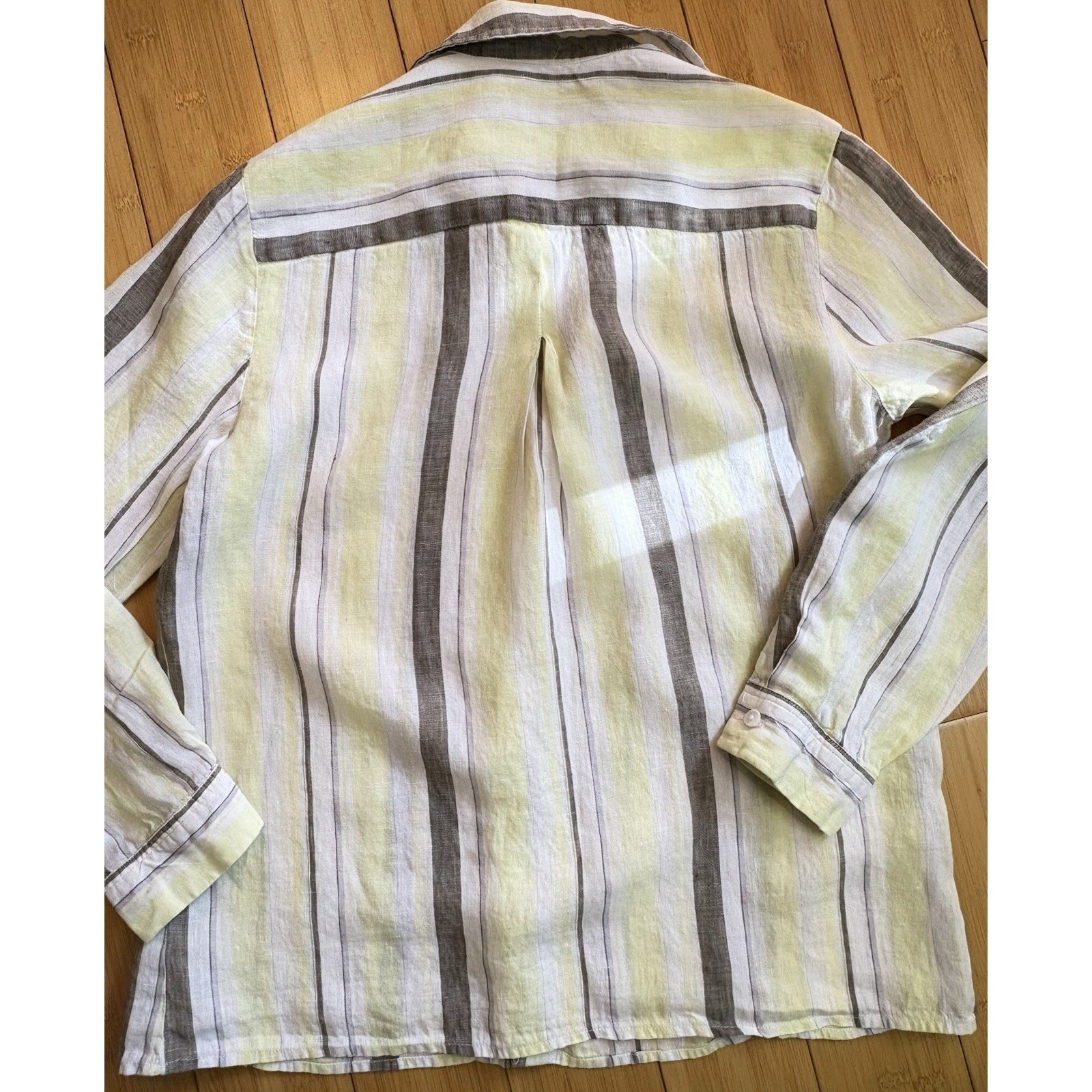 Velvet Heart 100% Linen Button-Up Shirt Sz S Women White Yellow Gray Roll Tab