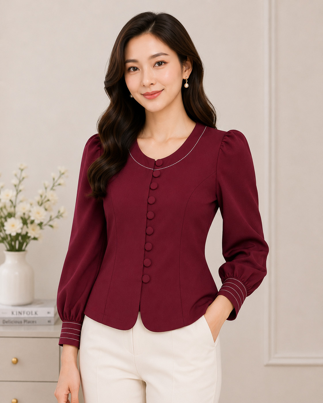 Burgundy Tailored Blouse – Petite Size M (Burst=36in, Waist=32in; Hip=38in)