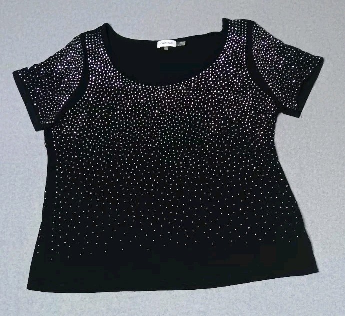 Calvin Klein Rhinestone Studded Short Sleeve Blouse 1X Black Silver Glam Party