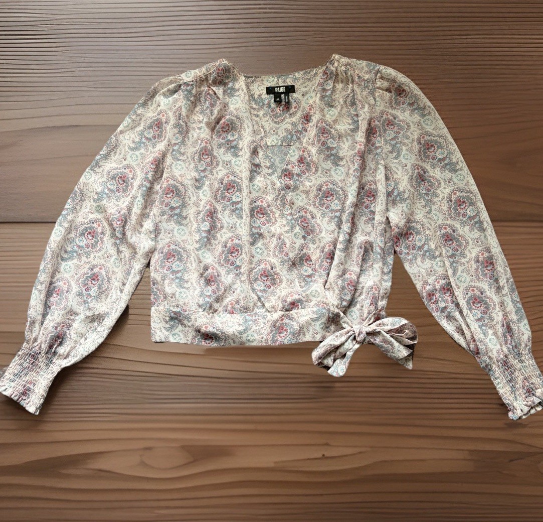 PAIGE Blouse Womens Small Ivory Pink Sheer Paisley Margherita Tie Waist Peasant