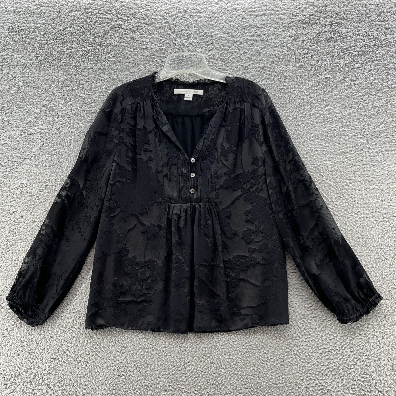 Diane Von Furstenberg Blouse Womens 8 Black Annalise Top Sheer Burnout Silk Goth