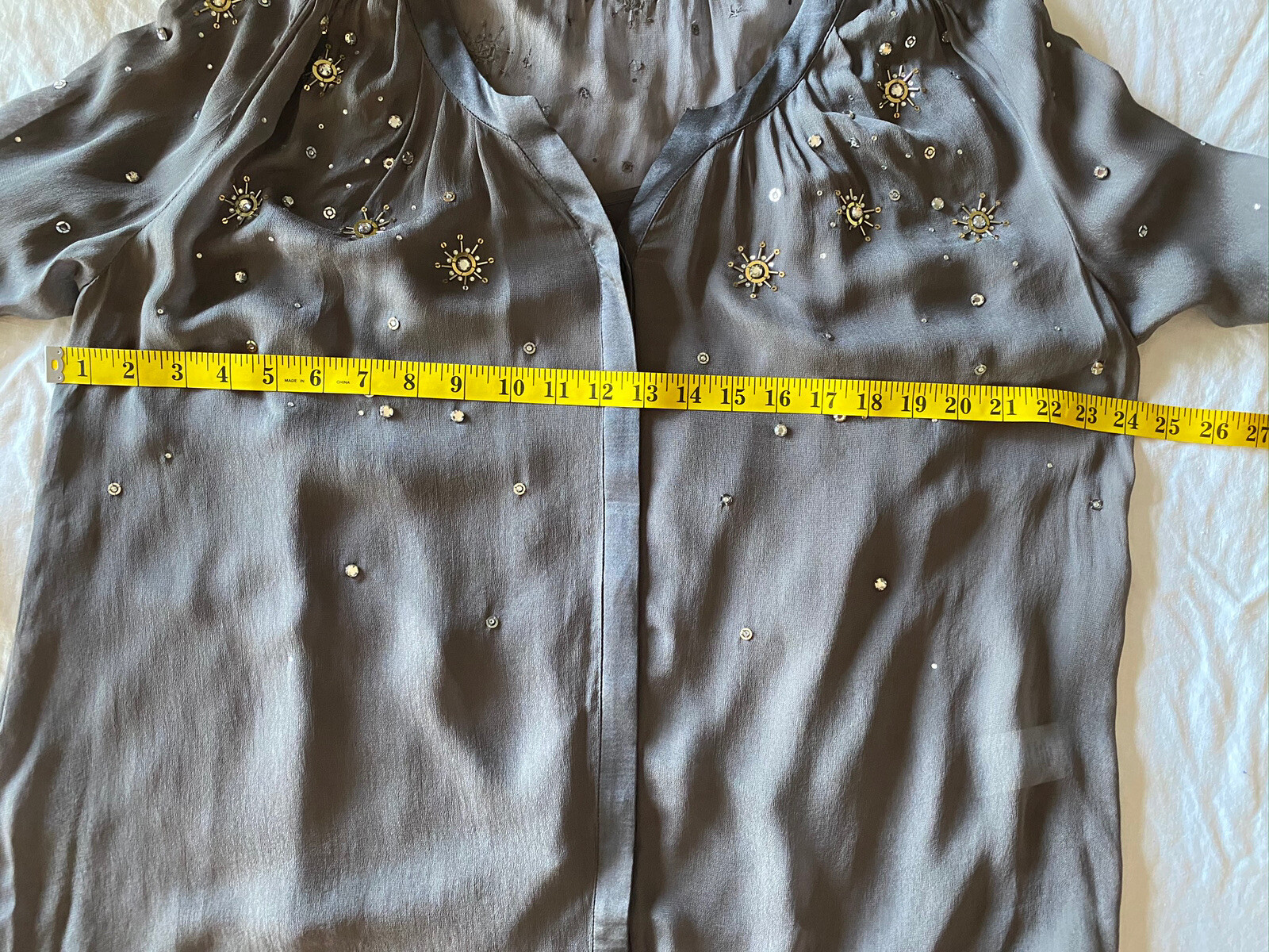 Boden 10 Taupe Gray bejeweled Gold Silver Sheer Long Sleeve Blouse Top With Cami