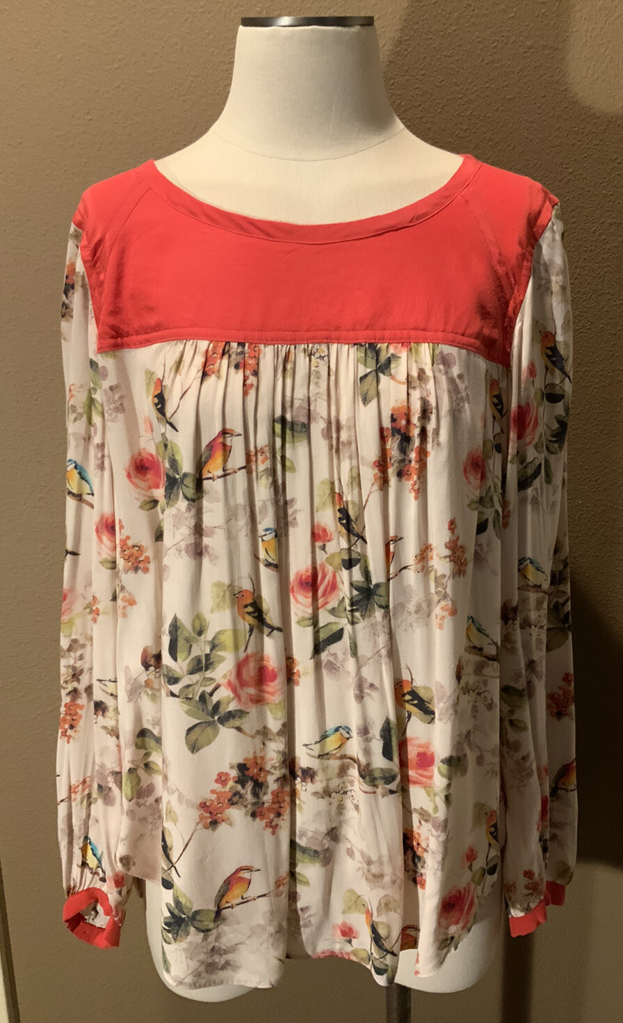 M Long Sleeve Peasant Boho Floral Blouse Top W Birds & Flowers