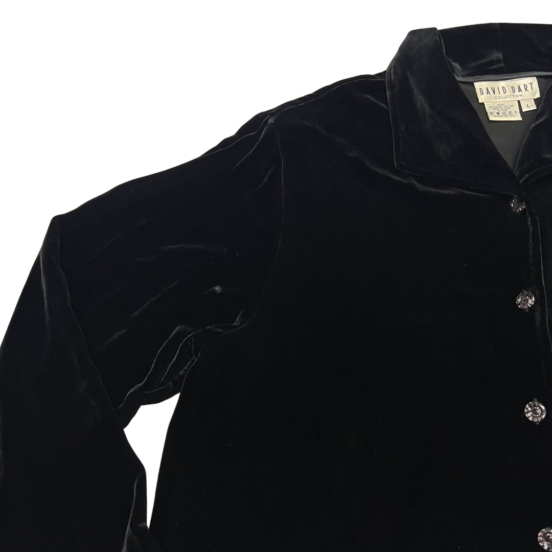 David Dart Velvet Button Up Jacket Top Black Floral Back Print Women L