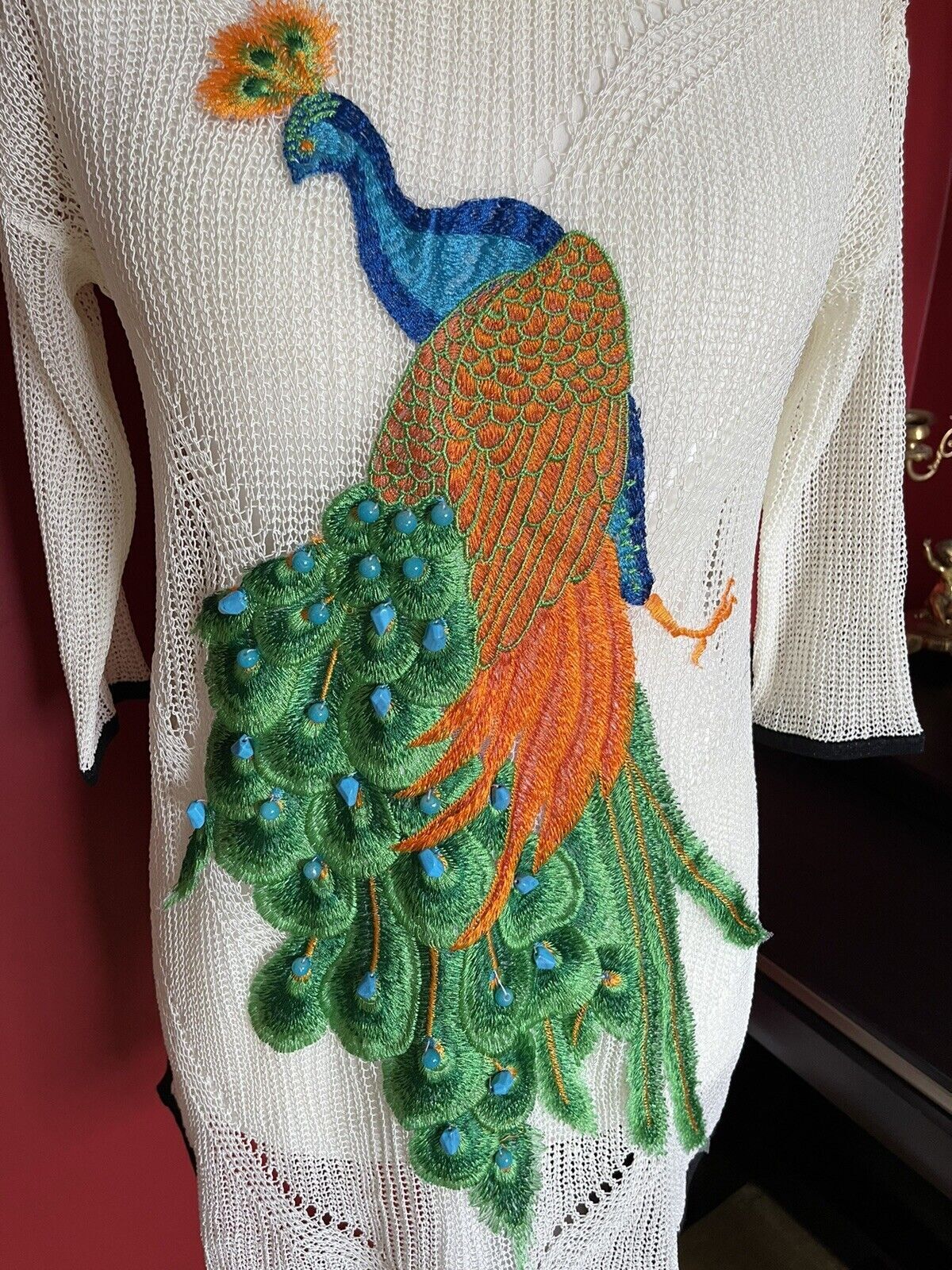 DooYue Peacock Appliqué Beaded sequin lace colourful sheer croshet tunic top M