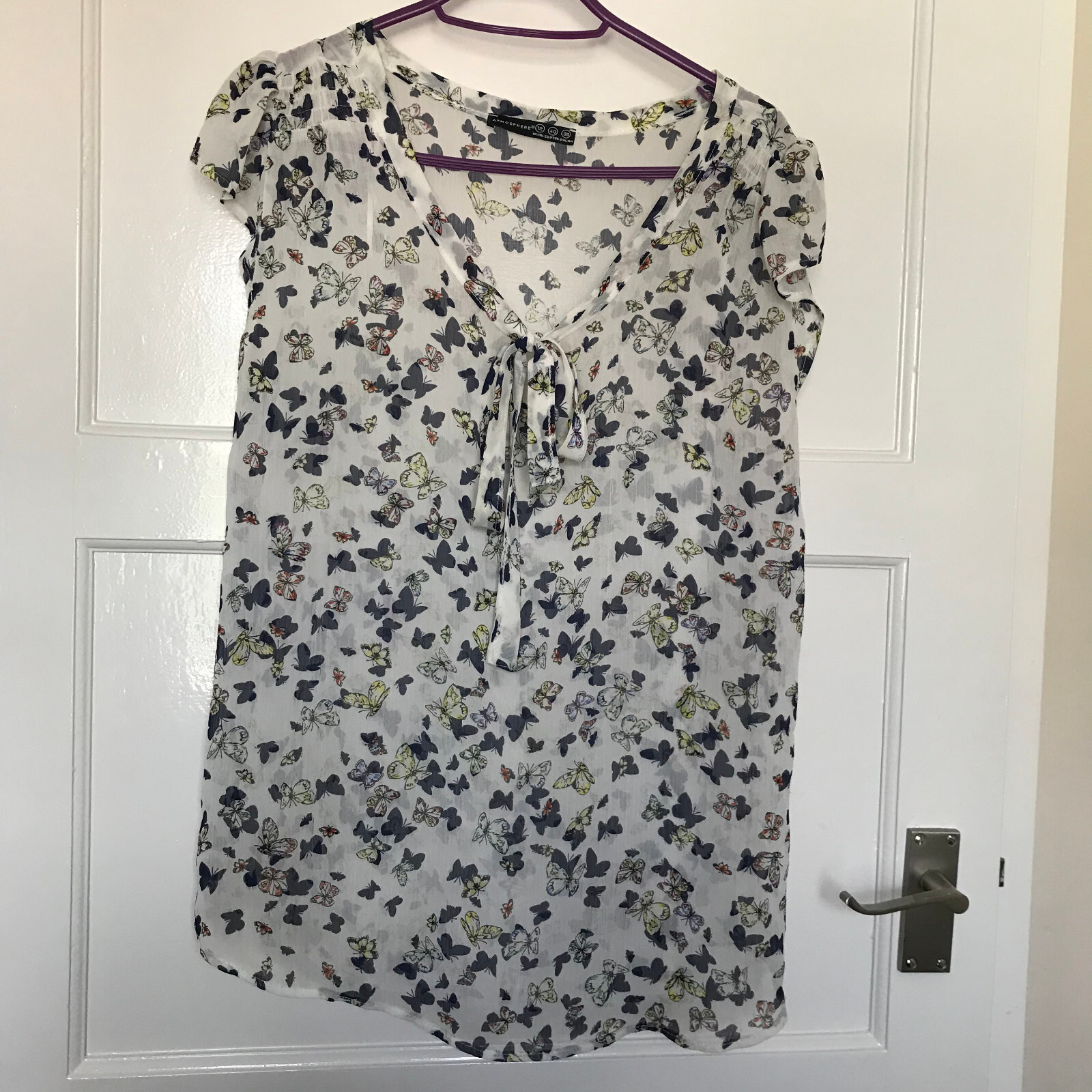 Atmosphere White Butterfly Sheer Blouse Size 12 Chiffon Short Cap Sleeve V Neck