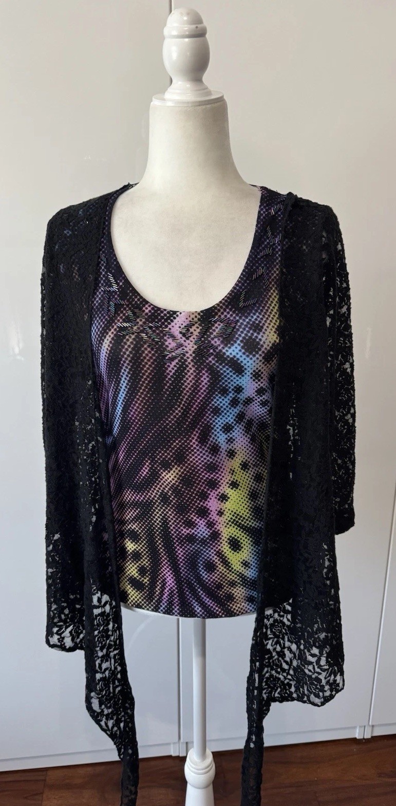 Alberto Makali Top Double Layer Stretch Floral Lace Overlay Beaded Sz M