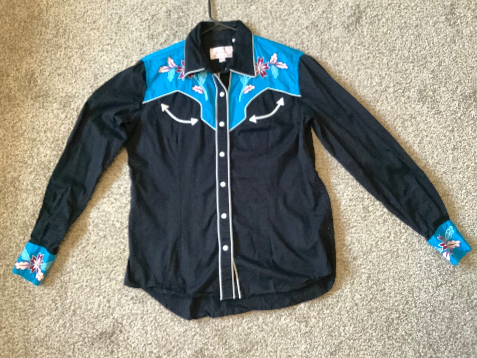 Panhandle Women Medium Shirt Western Retro Rodeo Rockabilly Embroidered Turquois