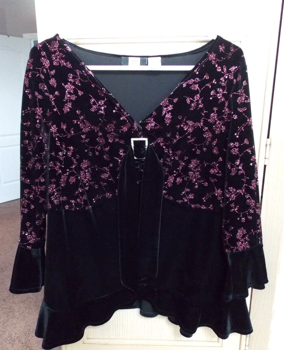 Women’s Studio 1940 Burgundy Sparkled Velvet Ruffle Hemline Top SIZE 18/20