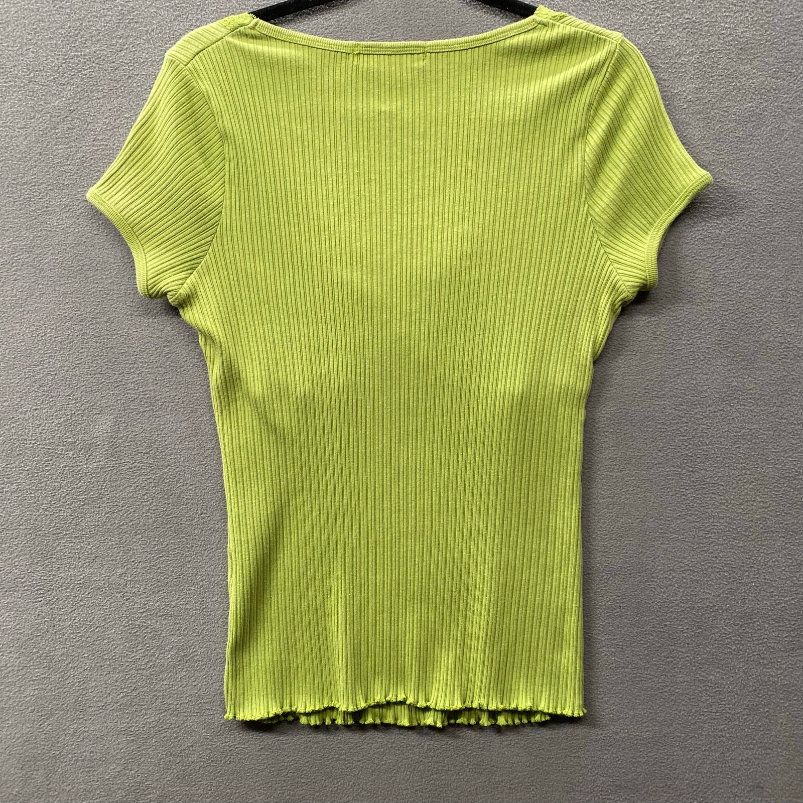 Vtg Y2K 00s Babydoll Jersey Knit Ruched Lace V Neck Lettuce Hem Top 1X LimeGreen