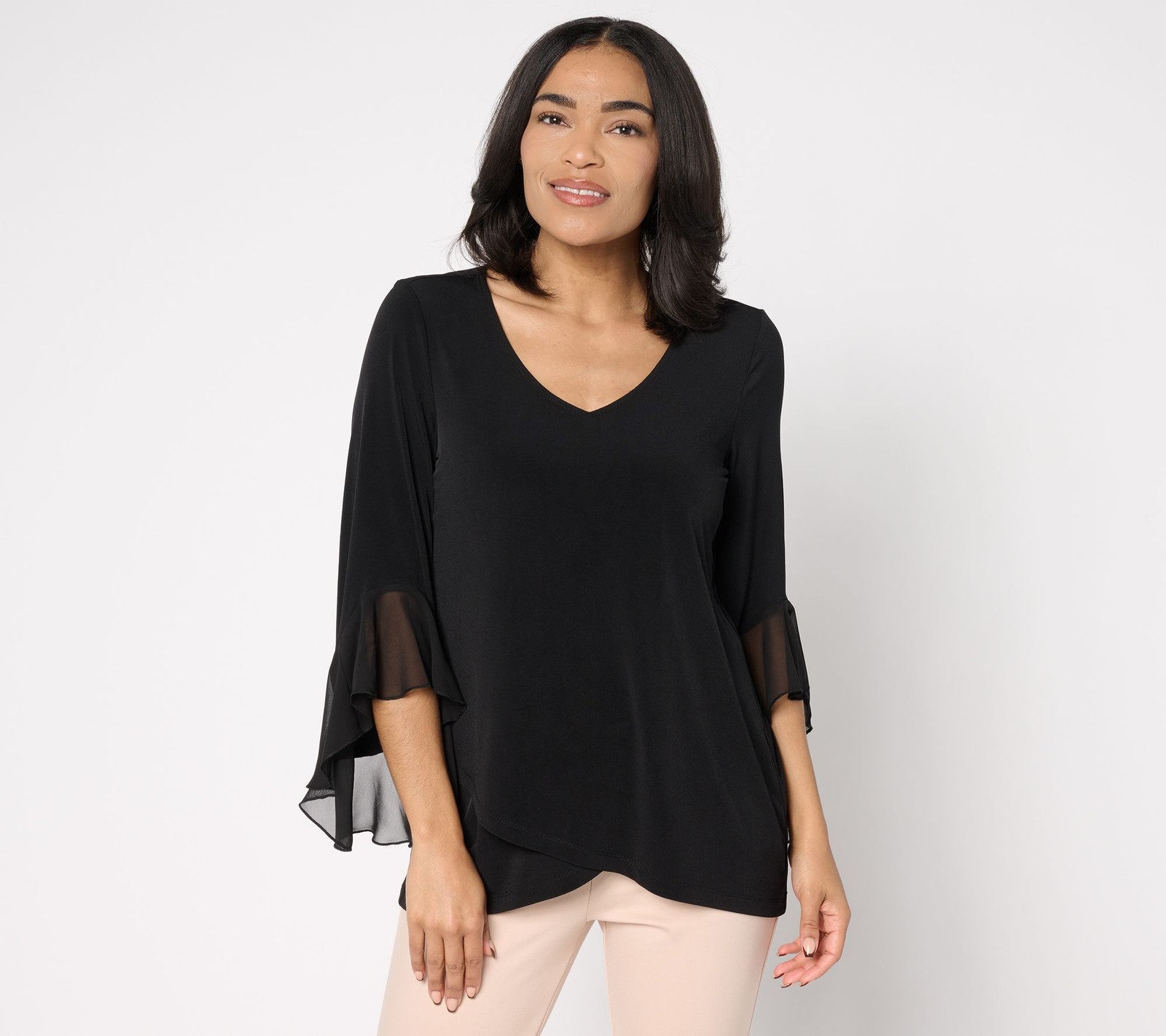 Susan Graver Women’s Top Petite PL Liquid Knit Tunic w Woven Ruffle Black