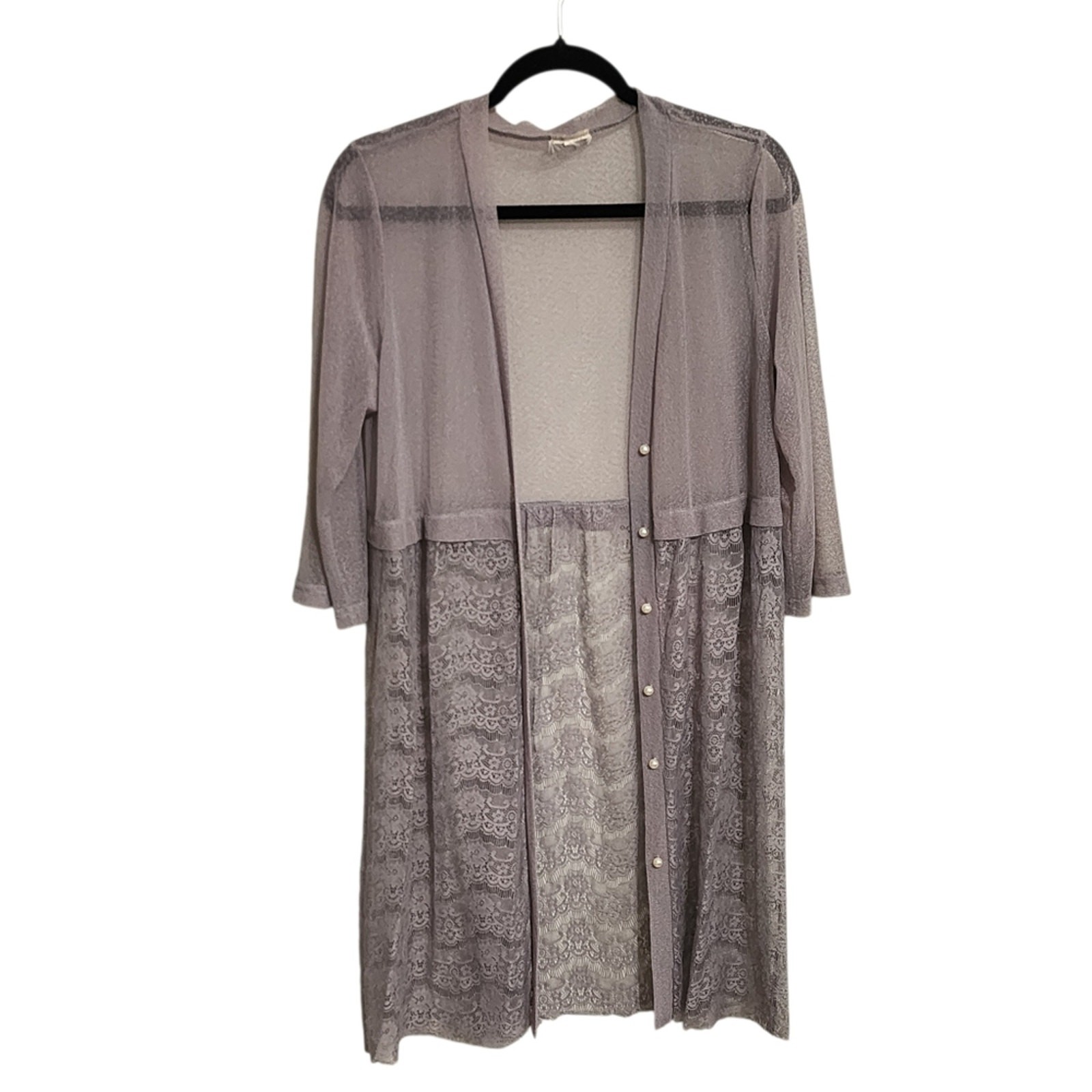 Gray Mesh Lace Kimono Top M Lightweight Open Front Boho Dainty Feminine