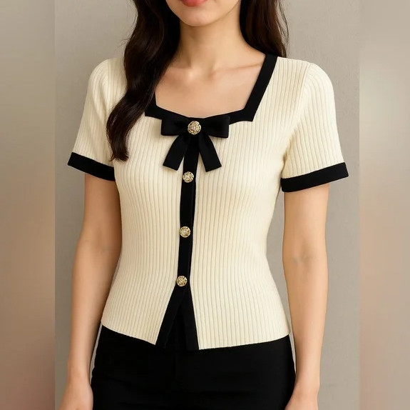 Coquette Knit Top Cardigan Roses Bows Short Sleeves Medium Ivory Black Preppy