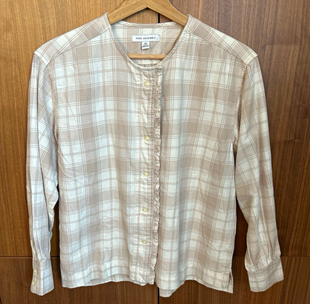 Free Assembly Beige/White Plaid 100% Cotton Ruffle Button-Up Top Womens XS