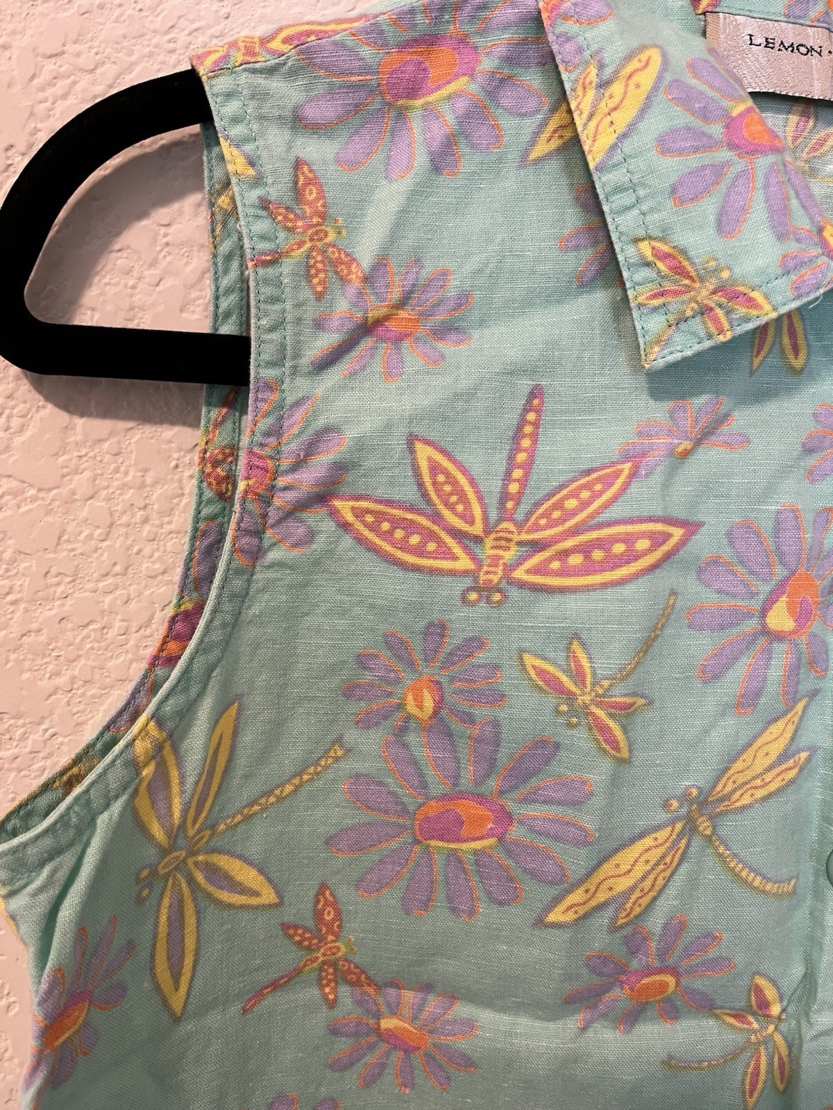 Lemon Grass Blouse Womens PM Sleeveless Cotton Linen Button Dragonflies Green