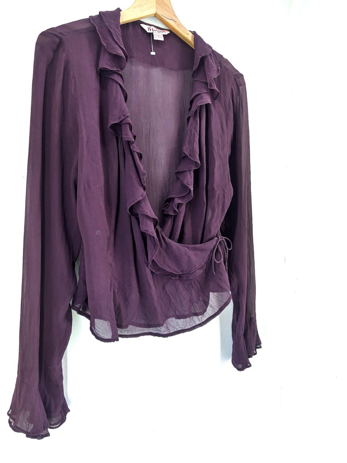 Monsoon Somen. 100% Silk Top Ruffle Blouse Flare Purple Light-weight Sz14 R1246